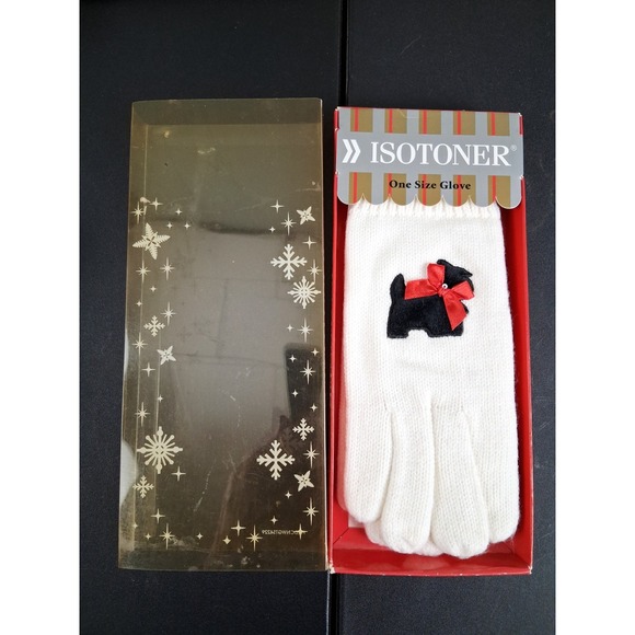Vintage Isotoner Scotty Dog Knit Gloves One Size Womens White New In Box - Picture 3 of 6